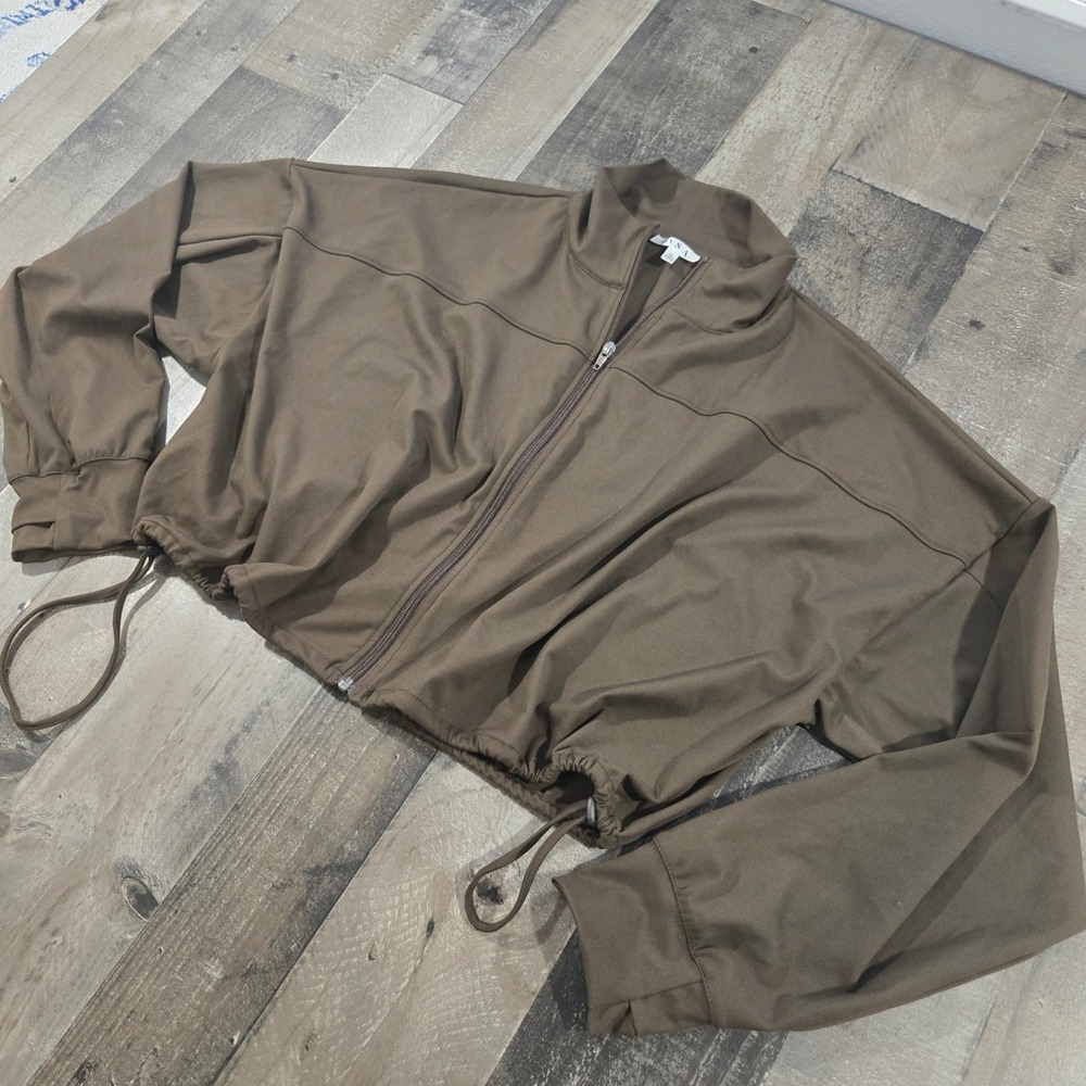 ASA Womens Cropped Full Zip Track Jacket Olive Brown Mock Neck Drawstring Medium